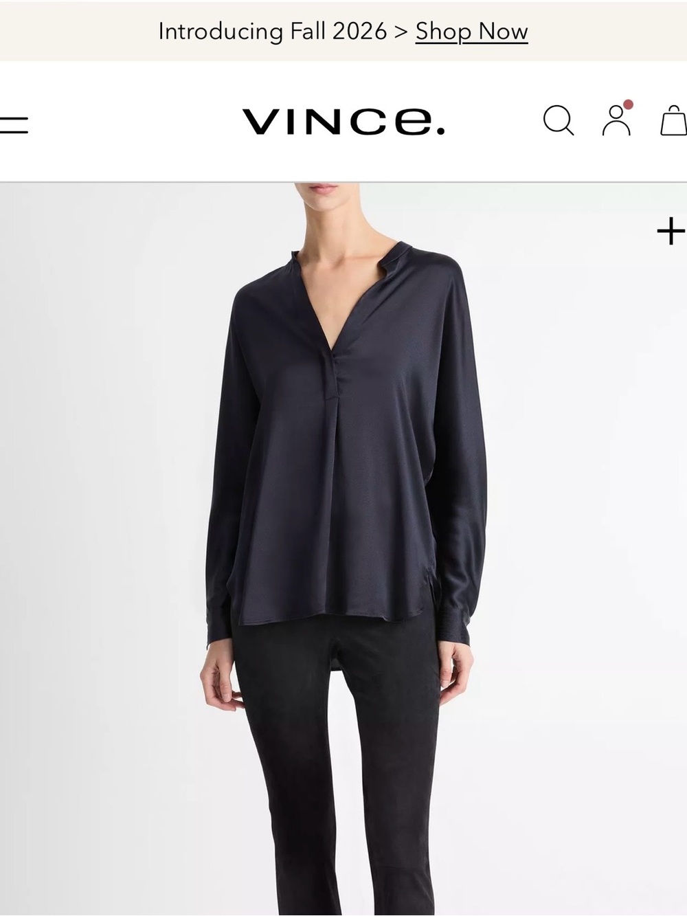 Vince Black Satin Button-Front V-Neck Blouse